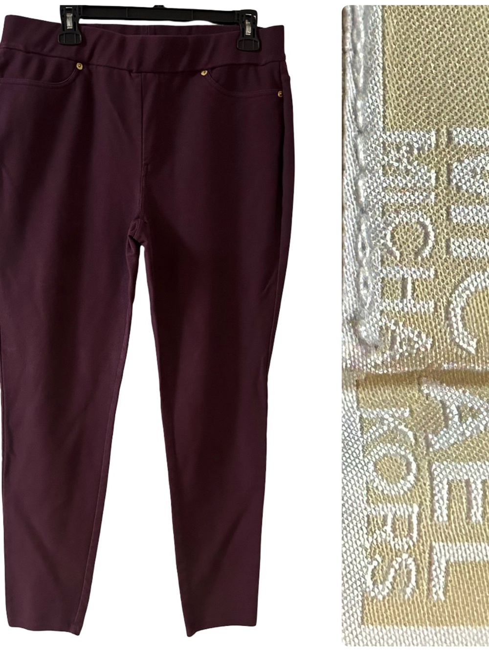 Michael Kors Burgundy Plum Pull On Stretch Skinny Pants with Gold-Tone Details
